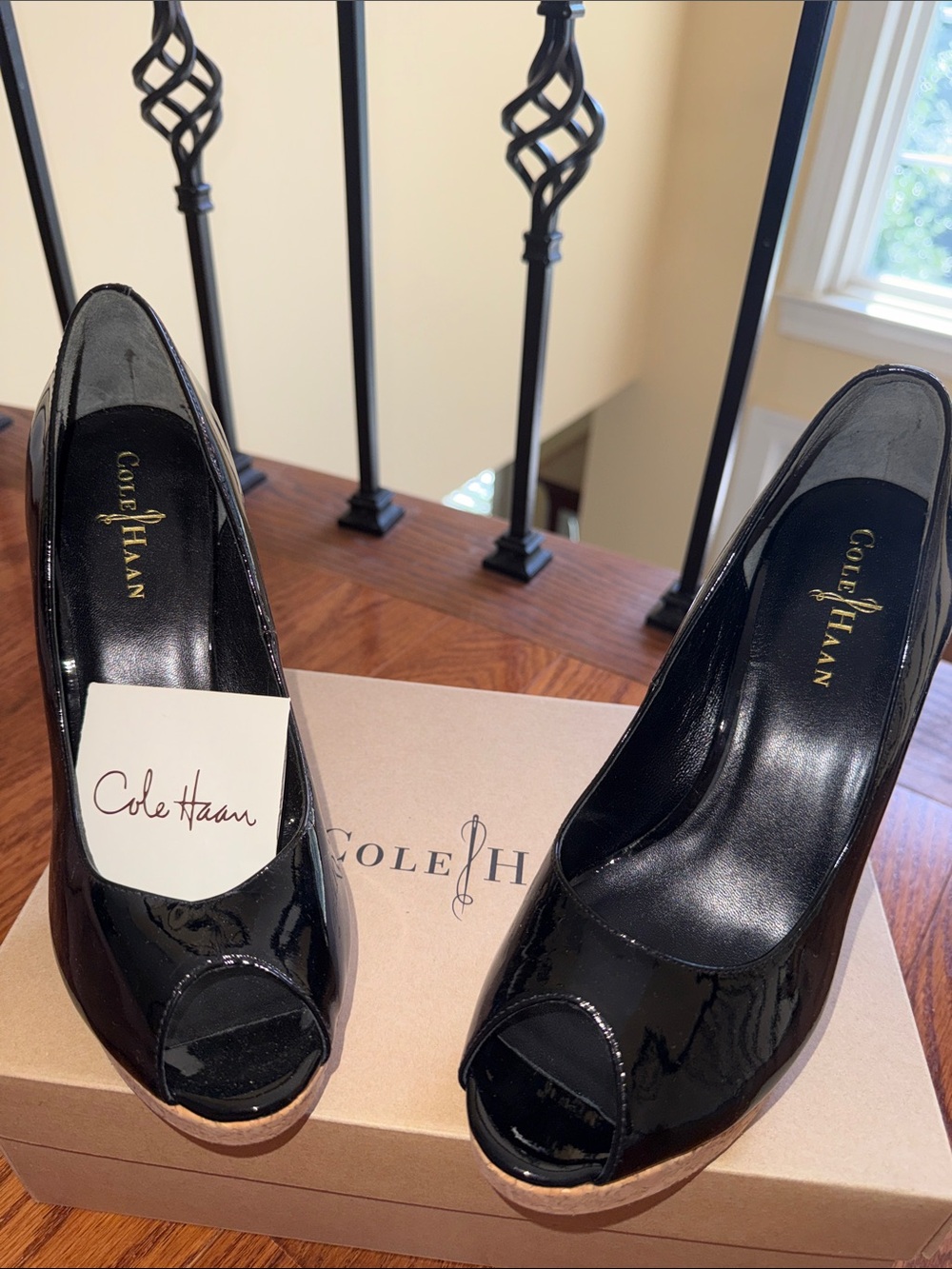 Cole Haan Black Patent Open-Toe Wedge Pumps